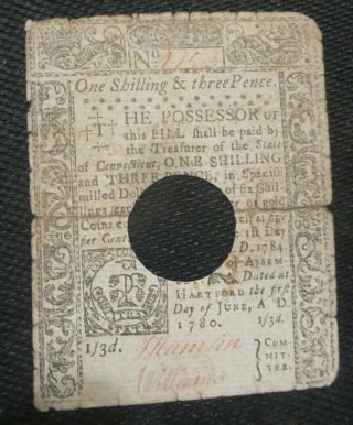 Connecticut Colonial Currency June 1,  1780 - 1 Shilling & 3 Pence