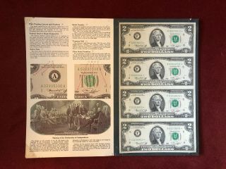1976 Star Note $2 Dollar Bill Uncut Sheet Of 4 Uncirculated Dallas Bep Folder