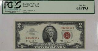 1963 $2 Red Seal Legal Tender Star Note Fr.  1513 Pcgs 65 Ppq Gem Unew (657a)