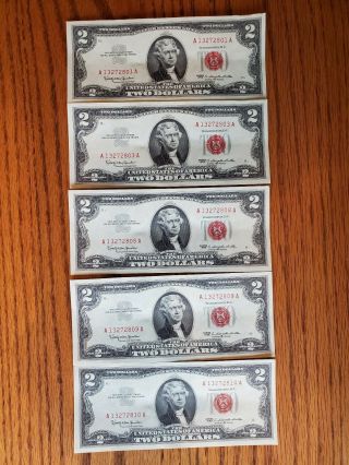 1963 $2 Bills Uncirculated Sequential Set Of Five 1963a Red Seal Note