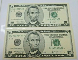(2) Seq Fr 1990 - L 2003 $5 San Francisco Federal Reserve Star Notes Uncirculated
