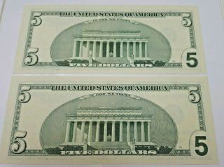 (2) Seq FR 1990 - L 2003 $5 San Francisco Federal Reserve Star Notes Uncirculated 2