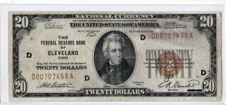 1929 $20 Cleveland Ohio Oh Federal Reserve Bank Note Brown National Currency