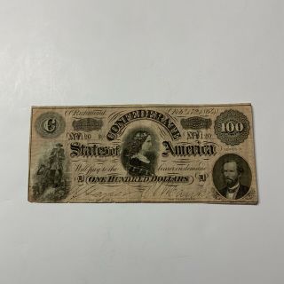 1864 Virginia Confederate States Of America $100 Lucy Pickens C Note