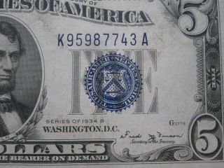 1934 B $5 Silver Certificate Rare K - A Block Au $5 Dollar Blue Seal