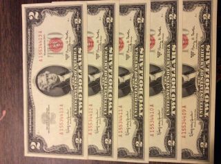 $2 1963A Two Dollar CU Red Seal 5 Consecutive 2