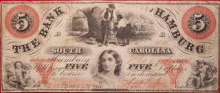 1860 Bank Of Hamburg,  South Carolina $5 Obsolete Circulated Note