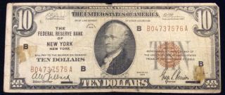 1929 $10 Federal Reserve Bank Notes,  Fs 1860 - B,  Ny,  Light Brown Seal,  Folded,