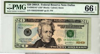 Fr.  2092 - K $20 2004 A Dallas Star Federal Reserve Note Pmg Gem 66 Epq