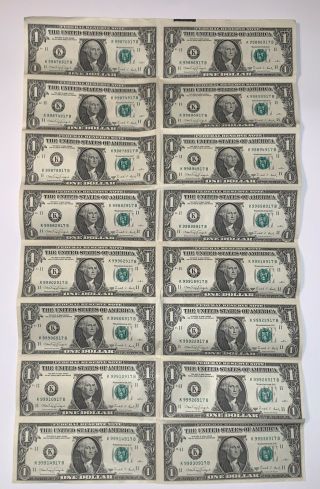 Uncut Sheet Of (16) $1 One U.  S.  Dollar Bills,  Notes,  Money,  & Currency