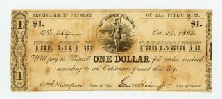 1862 $1 The City Of Portsmouth,  Virginia Note - Civil War Era
