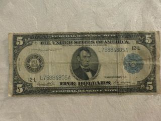 1914 $5 Large Federal Reserve Five Dollar Note Bank Note Blue Seal