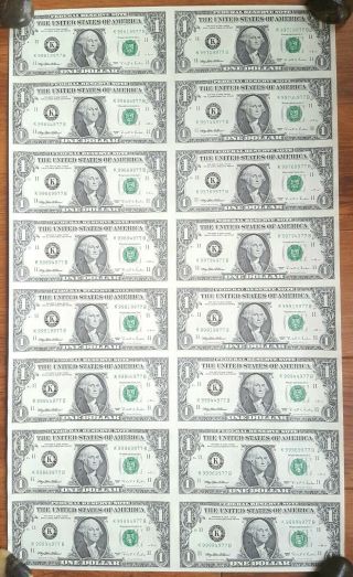 Sheet Of 16 Uncirculated Uncut Us Paper Currency 1995 1 Dollar Bill Roll Bills