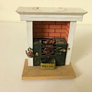 Rare Antique Dollhouse Miniature Wood Kitchen Fireplace With Stove Insert 1:24