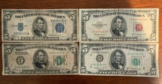 Four (4) Circulated 1928,  1934,  1953 &1950 $5 Notes - Federal Res. ,  Silver Cert