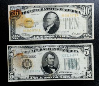 1928 $10 Gold Certificate And 1928 St Louis $5 Frn Both With Rust & Staple Hole