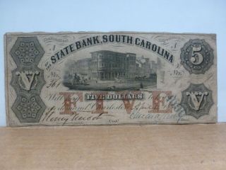 1855 State Bank Of South Carolina,  Charleston $5.  Five Dollar Obsolete Note