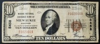 1929 $10 National Currency From The Marine National Exchange Bank Of Milwaukee