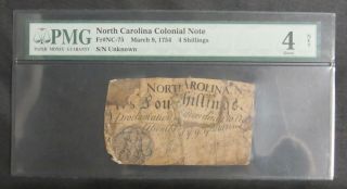 North Carolina Colonial Note 4 Shillings Fr Nc - 75 Pmg 4 Good