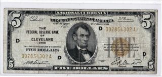 1929 $5 Cleveland Ohio Oh Federal Reserve Bank Note Brown National Currency
