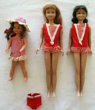 3 Vintage Barbie Dolls - Straight Leg Redhead Skipper,  Brunette Scooter & Tutti