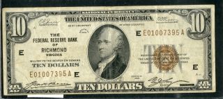 Us Paper Money 1929 $10 Richmond National Banknote