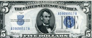Unc 1934 $5 Silver Cert.  Blue Seal Fr1650 9517