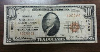 1929 $10.  00 The American National Bank Of Grand Rapids Michigan Note Circulated