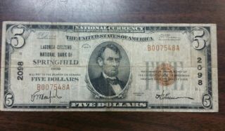 1929 $5.  00 Lagonda Citizens National Bank Of Springfield Ohio Note Circulated
