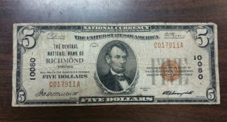 1929 $5.  00 The Central National Bank Of Richmond Virginia Circulated Note