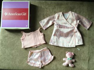Retired American Girl Pink Satin Pj Set With Robe,  Shirt,  And Shorts