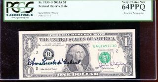 2003 - A $1 Federal Reserve Note Dual Courtesy Autograph Pcgs 64ppq Nr