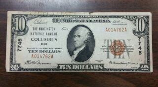1929 $10.  00 The Huntington National Bank Of Columbus Ohio Note Circulated Cut.