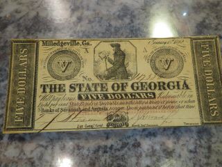 1862 $5 Dollar The State Of Georgia,  Milledgeville Note Bill,
