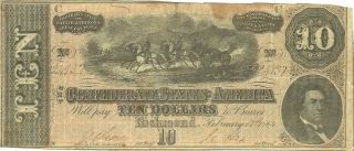 1864 $10 Confederate Civil War Paper Money Field Artillery In Action Vignette