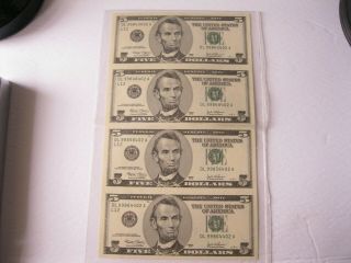 2003 A Us $5 Five Dollar Uncut Sheet Of 4 Federal Reserve Bank Notes,  Protected