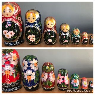 7 Russian Nesting Dolls Floral & Gold Gilt Babushka Matryoshka Artist Signed