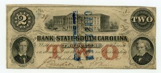 1861 $2 The Bank Of The State Of South Carolina Note - Civil War Era