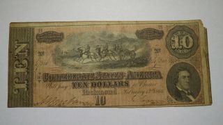 $10 1864 Richmond Virginia Va Confederate Currency Bank Note Bill Civil War T68.