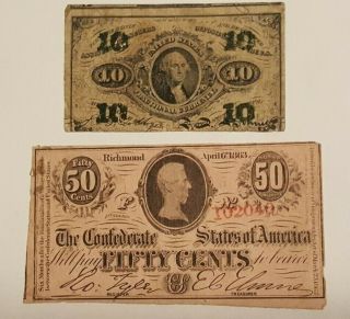Us 10 Cent & April 6,  1863 50 Cent Confederate Fractional Currency (e54)
