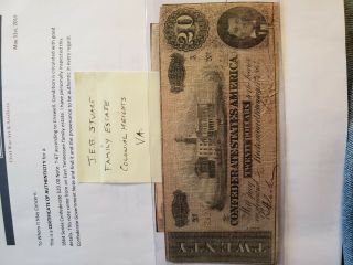 Confederate Currency 20 Dollar Note From J E B Stewart Estate