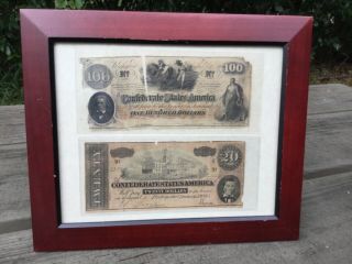 Framed U.  S.  Confederate Bills 1864 $20 And 1862 $100 Notes