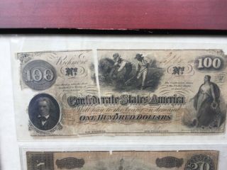 Framed U.  S.  Confederate Bills 1864 $20 and 1862 $100 Notes 2