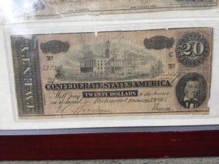 Framed U.  S.  Confederate Bills 1864 $20 and 1862 $100 Notes 3