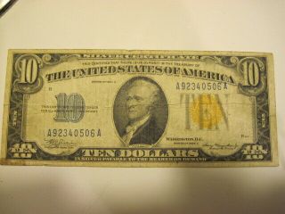 1934a Series Ten Dollar Silver Certificate Yellow Seal North Africa Circulated