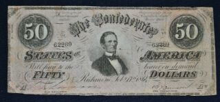 1864 Confederate States Of America $50 Fifty Dollar Note 3 Series 62289