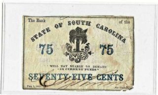 Civil War 1863 State Of South Carolina 75 Cent Demand Note Confederate