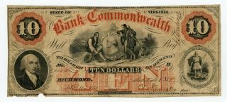 1858 $10 The Bank Of The Commonwealth - Richmond,  Virginia Note