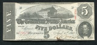 T - 60 1863 $5 Five Dollars Csa Confederate States Of America About Uncirculated