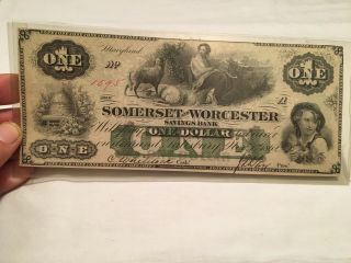 1862 Authentic Somerset And Worcester $1 Bank Note,  Maryland